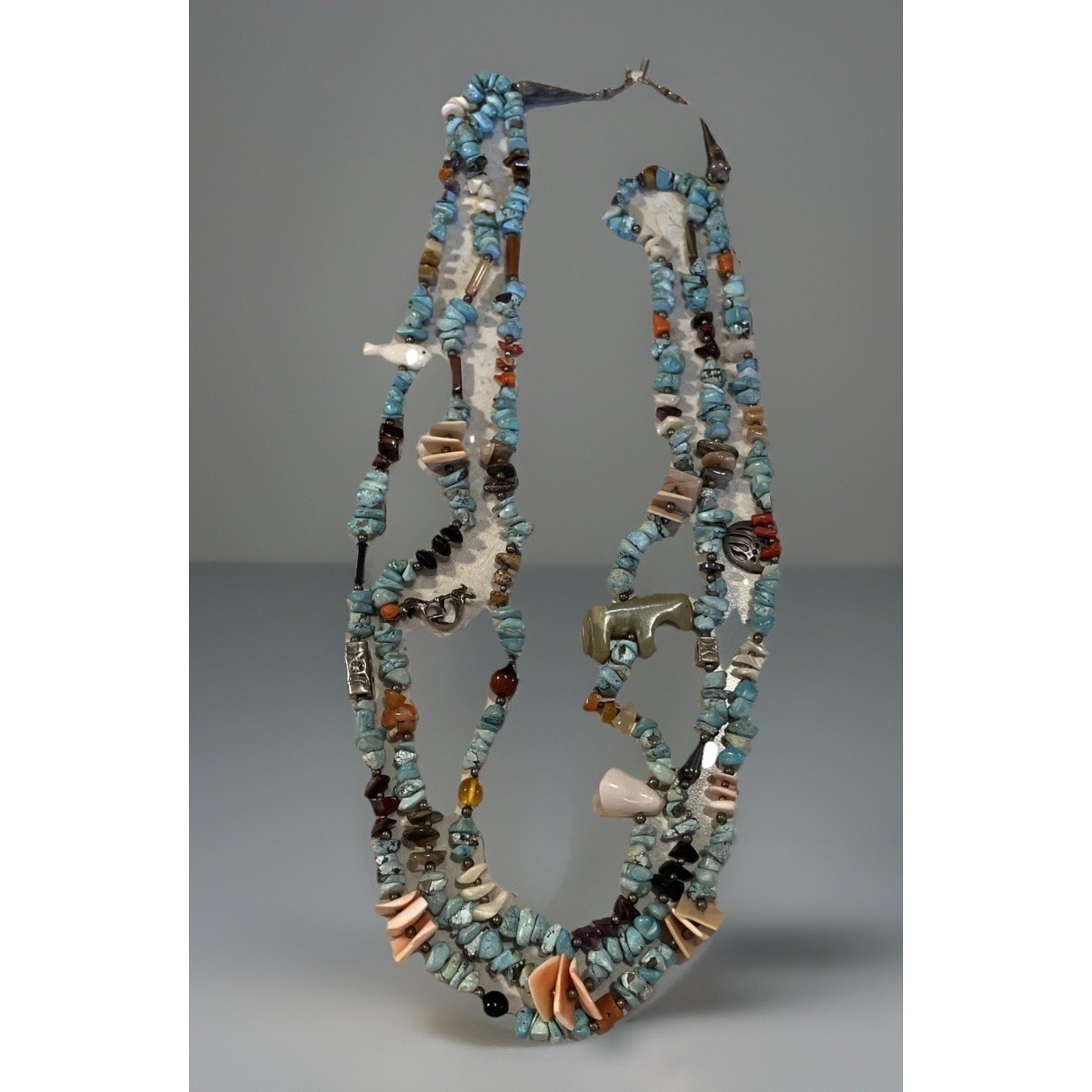 Vintage Rare Navajo 3 Strand Necklace Turquoise/ Multiple Stones Silver Charms